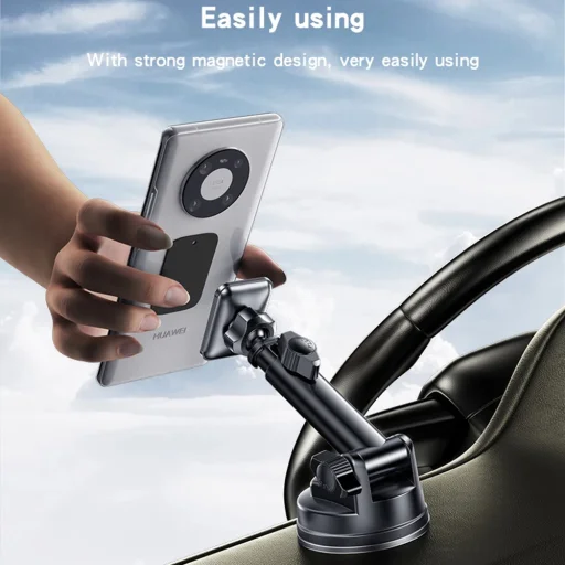 Yesido - Autós tartó (C263) - Mágneses, műszerfalra/szélvédőre, 360°, teleszkópos rögzítőkar, univerzális - Fekete - 4