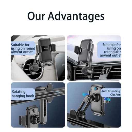 Autós tartó (C242) - szellőzőrácsra szerelhető Yesido, automatikusan nyíló kapoccsal kapcsológombal, teleszkópos karral - fekete - 2