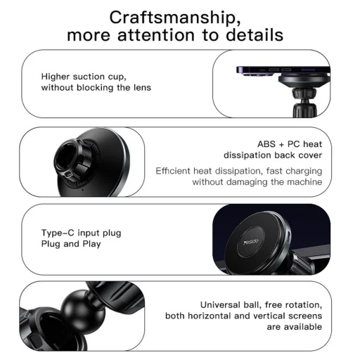 Yesido Autós tartó vezeték nélküli töltéssel (C190) - Szélvédőre, 360°, Intelligens azonosítás, 15 W - Fekete - 2