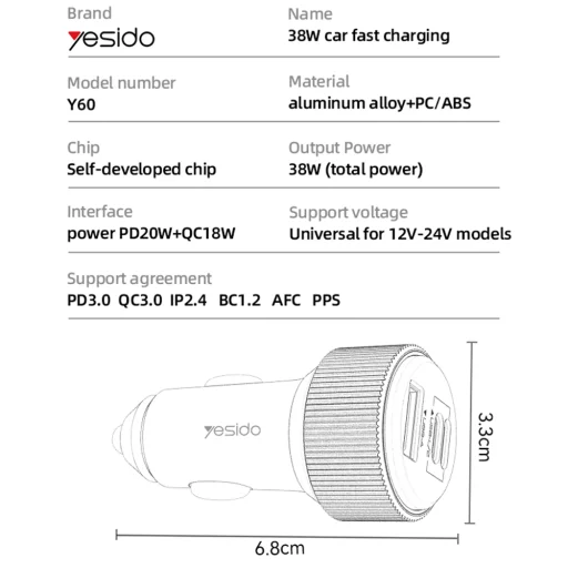 Yesido - Autós töltő (Y60) - Type-C csatlakozókábel Lightning-re mellékelve, Lightning/USB-A/USB-C portok, 38W, Gyors töltés - Fekete - 4