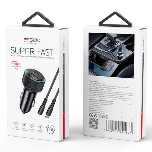 Yesido - Autós töltő (Y60) - Type-C csatlakozókábel Lightning-re mellékelve, Lightning/USB-A/USB-C portok, 38W, Gyors töltés - Fekete - 5