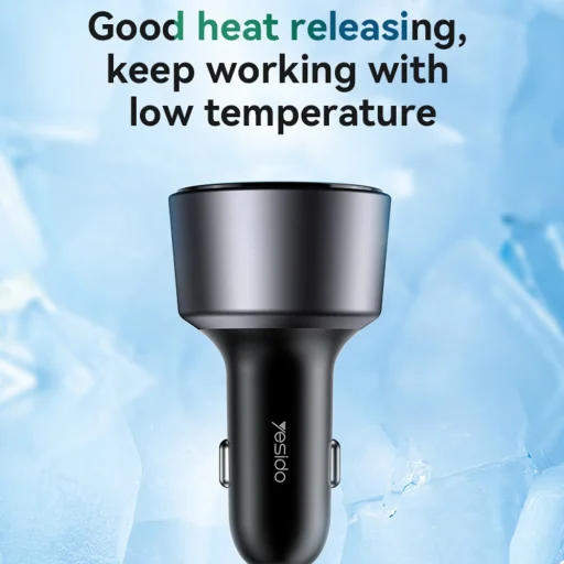 Yesido - Autós töltő (Y59) - 2x Type-C, USB-A, 200W, Gyors töltés, Többféle védelem, Beépített színes világítás - Fekete - 9