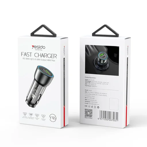 Yesido - Autós töltő (Y49) - USB-A, Type-C, LED fényhatás, Gyors töltés, 30W - Szürke - 6