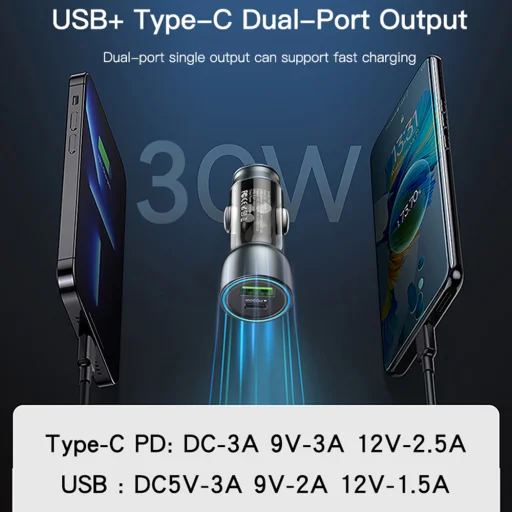 Yesido - Autós töltő (Y49) - USB-A, Type-C, LED fényhatás, Gyors töltés, 30W - Szürke - 4