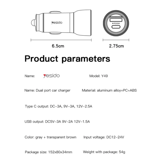 Yesido - Autós töltő (Y49) - USB-A, Type-C, LED fényhatás, Gyors töltés, 30W - Szürke - 5