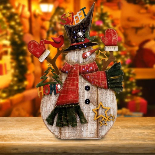 Home KAD 34 optikai szálas asztali dísz, festett fa hóember, színes fénypontok - 2