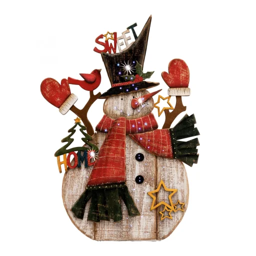 Home KAD 34 optikai szálas asztali dísz, festett fa hóember, színes fénypontok - 1