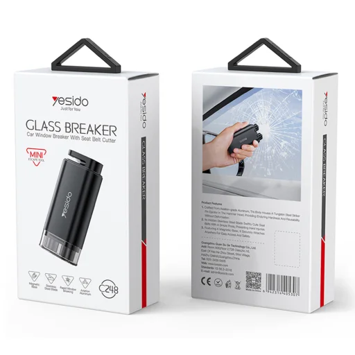 Yesido C248 Szürke Autós Biztonsági Kalapács Vészhelyzet esetére, Ablaktörő, Biztonsági Öv Vágó, Volfrám Acél, Mágneses Talp - 8
