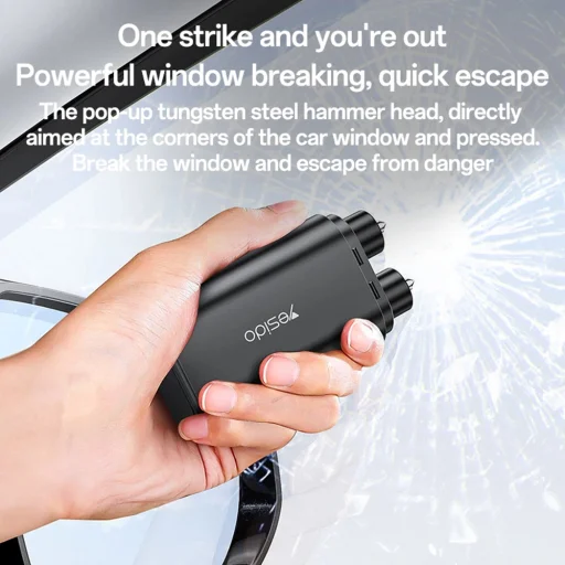 Yesido C248 Szürke Autós Biztonsági Kalapács Vészhelyzet esetére, Ablaktörő, Biztonsági Öv Vágó, Volfrám Acél, Mágneses Talp - 2