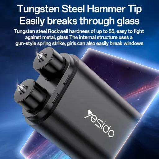 Yesido C248 Szürke Autós Biztonsági Kalapács Vészhelyzet esetére, Ablaktörő, Biztonsági Öv Vágó, Volfrám Acél, Mágneses Talp - 5