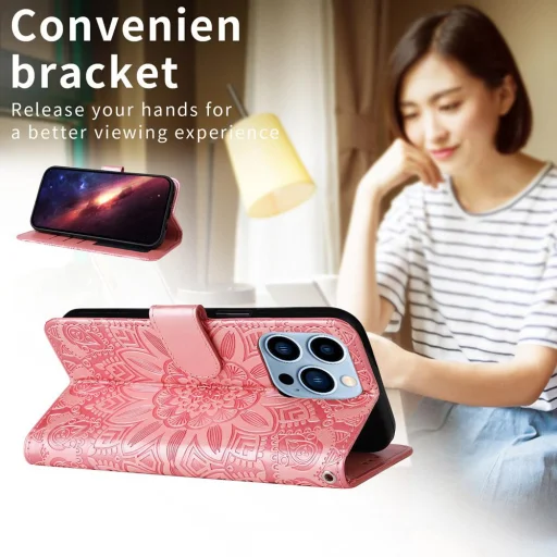 Honor 400 Lite napraforgó mintás dombornyomott fliptok – rózsaszín(Globális verzióhoz) - 4