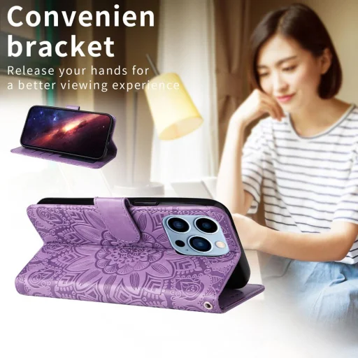 Honor 400 Lite napraforgó mintás dombornyomott fliptok – lila (Globális verzióhoz) - 3