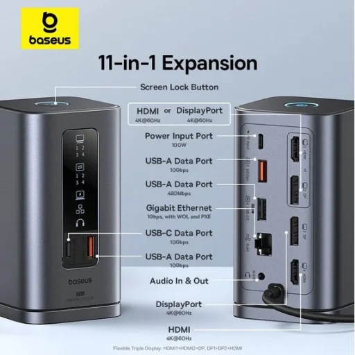 Baseus Spacemate 11in1 HUB (B00568101813-00) - USB-C 2xHDMI, 2xDP, 3xUSB, 2xUSB-C, RJ45, Jack - Űrszürke - 8