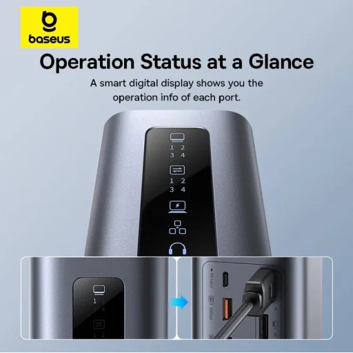 Baseus Spacemate 11in1 HUB (B00568101813-00) - USB-C 2xHDMI, 2xDP, 3xUSB, 2xUSB-C, RJ45, Jack - Űrszürke - 12