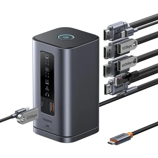 Baseus Spacemate 11in1 HUB (B00568101813-00) - USB-C 2xHDMI, 2xDP, 3xUSB, 2xUSB-C, RJ45, Jack - Űrszürke - 5
