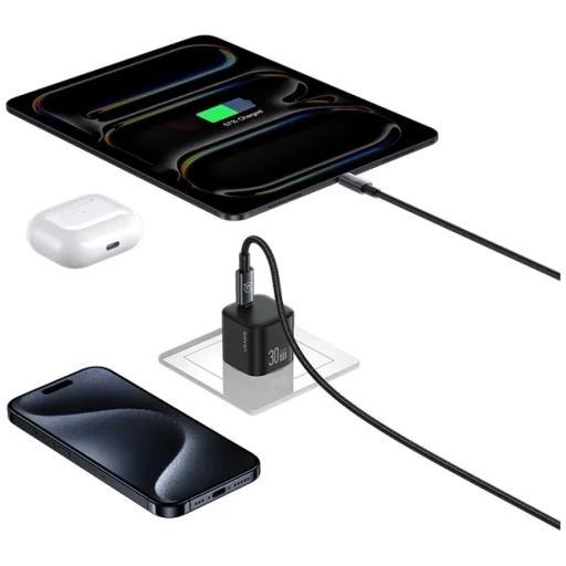 USAMS JO Series CC262 30W USB-C hálózati töltő + 1m USB-C/USB-C kábel Fehér - 5