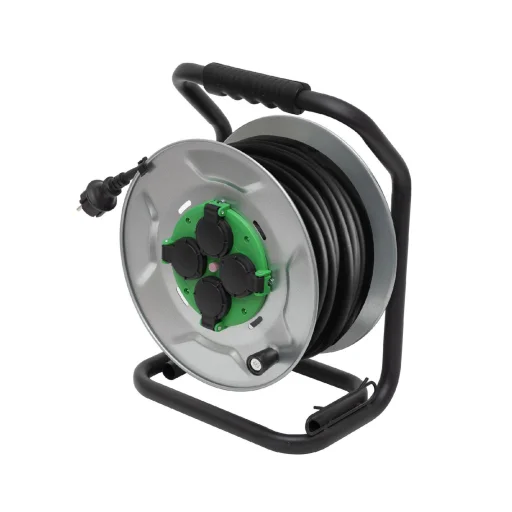 HOME HJRM2025 fém kábeldob, 25 méter, fém talp, H07RN-F 3G2,5 mm2 vezeték, 250 V~ / max. 16 A, túlmelegedés elleni védőkapcsolóval - 2