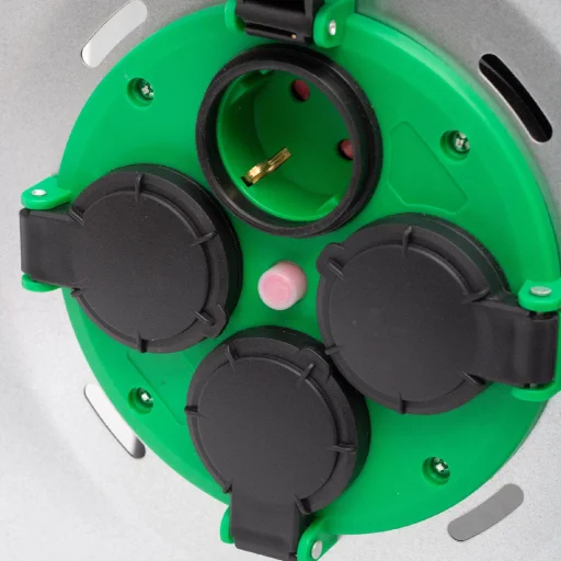 HOME HJRM2025 fém kábeldob, 25 méter, fém talp, H07RN-F 3G2,5 mm2 vezeték, 250 V~ / max. 16 A, túlmelegedés elleni védőkapcsolóval - 3