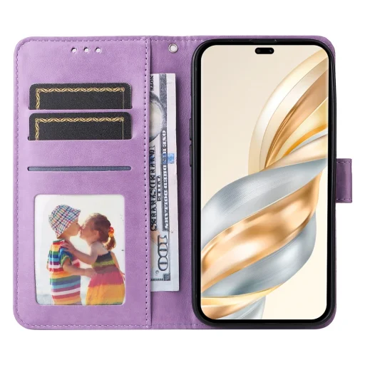 Honor Magic 7 Lite napraforgó mintás dombornyomott fliptok – lila - 2