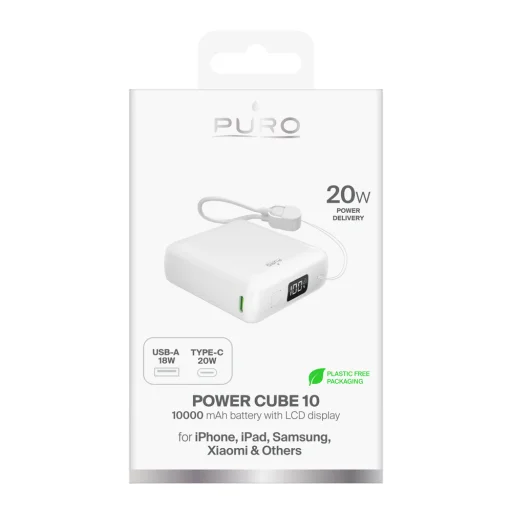Puro 10000mAh 20W USB-C USB-A Power Bank with Display and Built-in USB-C Cable - White - 2