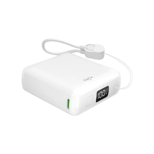 Puro 10000mAh 20W USB-C USB-A Power Bank with Display and Built-in USB-C Cable - White - 1