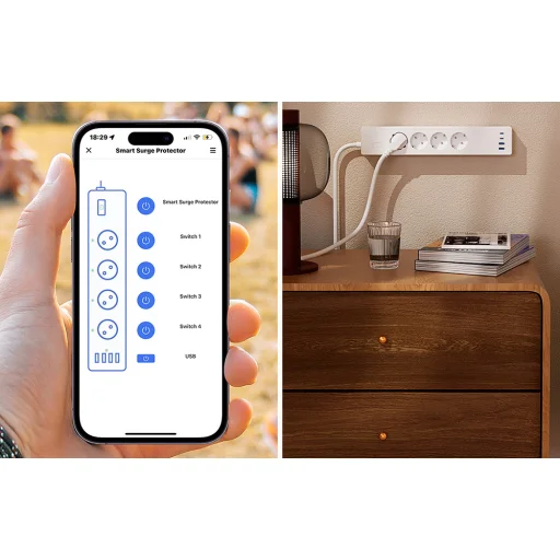 Meross MSP844(EU) okos gyorstöltő hálózati elosztó, 4 konnektor + 2x USB-A + 2x USB-C (Matter) - 5