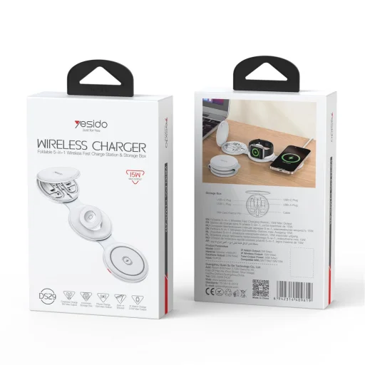 iPhone, Apple Watch, AirPods Fehér Yesido - Vezeték nélküli töltőállomás 5 az 1-ben (DS29) - Mágneses, Összecsukható, Tartó, 15W - 11