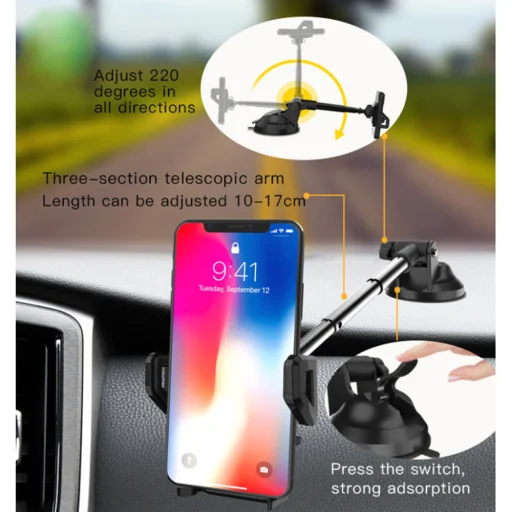 Autós tartó Yesido C40 - Kihúzható kar műszerfalra, szélvédőre - Fekete - 5