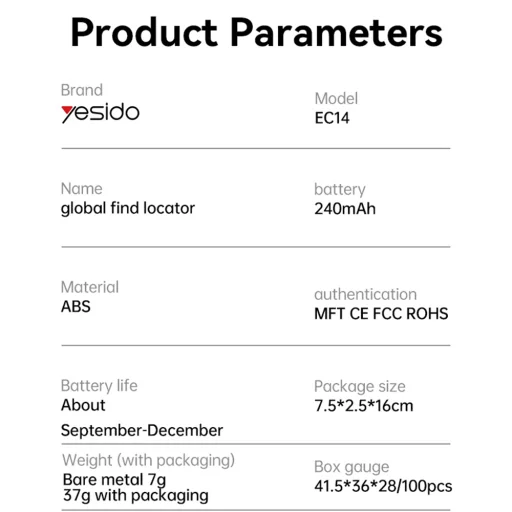 AirTag Yesido (EC14) - Működik az "Apple Find My"-val, 240mAh, Hosszú Akkumulátor-élettartam - Fehér - 12