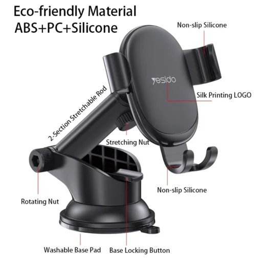 Yesido Autós tartó (C120) - Gravitációs fogás, kihúzható kar műszerfalra és szélvédőre - Fekete - 6