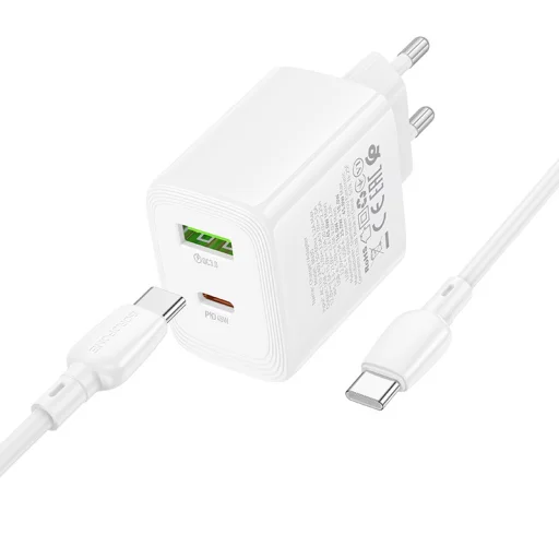 Borofone fali töltő BN30 Cargador GaN - USB + Type C - QC 3.0 PD 45W Type C to Type C kábellel fehér - 3