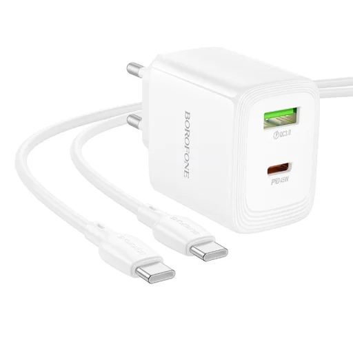 Borofone fali töltő BN30 Cargador GaN - USB + Type C - QC 3.0 PD 45W Type C to Type C kábellel fehér - 4
