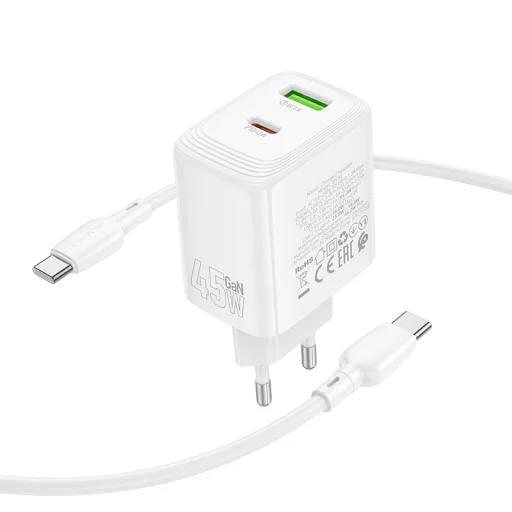 Borofone fali töltő BN30 Cargador GaN - USB + Type C - QC 3.0 PD 45W Type C to Type C kábellel fehér - 5