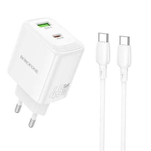 Borofone fali töltő BN30 Cargador GaN - USB + Type C - QC 3.0 PD 45W Type C to Type C kábellel fehér - 1