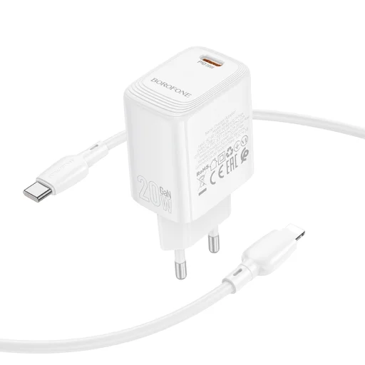 Borofone hálózati töltő BN26 Fuente - Type-C - PD 20W Type-C-Lighting kábellel fehér GaN - 5