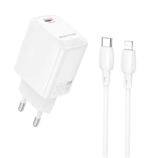 Borofone hálózati töltőadapter BN28 Fuente - Type C - PD 30W Type C - Lightning kábellel, fehér GaN