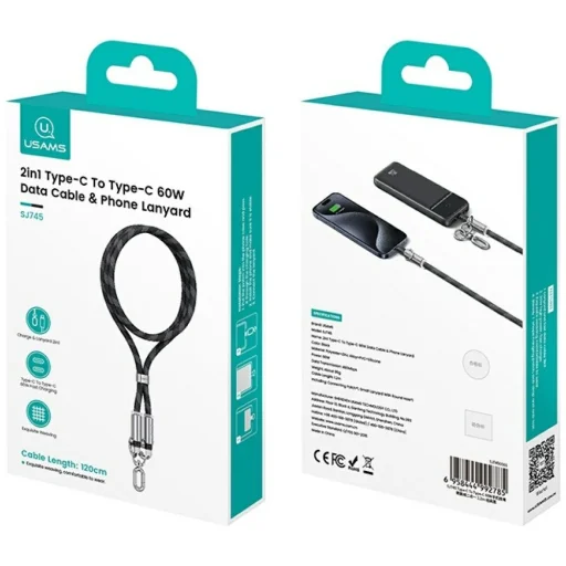 Usams SJ745 60W USB-C to USB-C 1.2m Fekete telefontartó csuklópánt töltőkábellel - 7