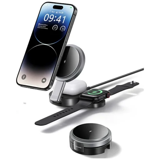 USAMS Összecsukható 3 az 1-ben 15W induktív töltő telefonhoz/Apple Watch-hoz/fülhallgatókhoz CD234 fehér - 1