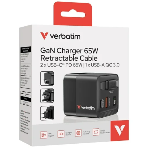Verbatim GaN töltő 65W 2xUSB-C/USB-A + EU/UK/USA adapter fekete 32217 - 8