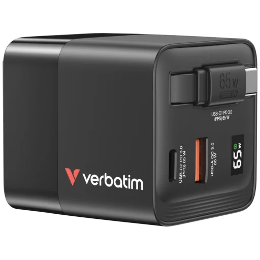 Verbatim GaN töltő 65W 2xUSB-C/USB-A + EU/UK/USA adapter fekete 32217 - 2