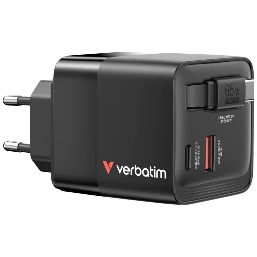 Verbatim GaN töltő 65W 2xUSB-C/USB-A + EU/UK/USA adapter fekete 32217 - 1