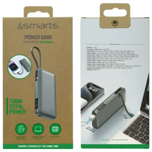 4smarts Powerbank Enterprise 20000mAh 130W beépített USB-C kábellel szürke - 3