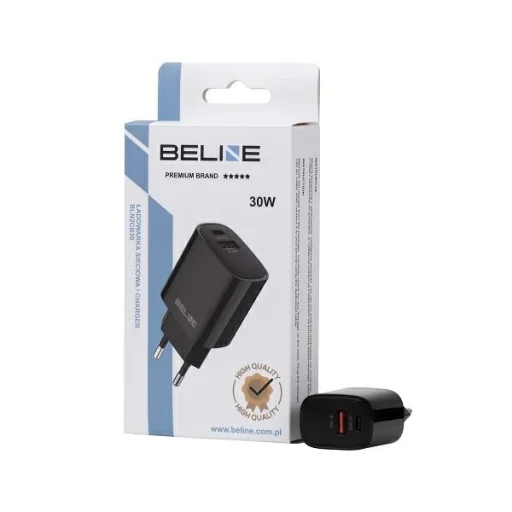 Hálózati USB-C töltő adapter Beline BLN2CB30 1x USB-C + 1x USB 30W fekete (csak fej) PD 3.0 + QC 3.0 GaN - 3