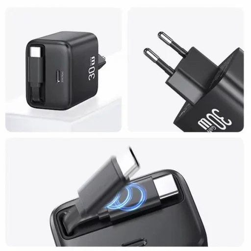 USAMS Töltő 1xUSB-C behúzható USB-C Retractable PD+QC 30W Gan Gyors töltés fehér - 5