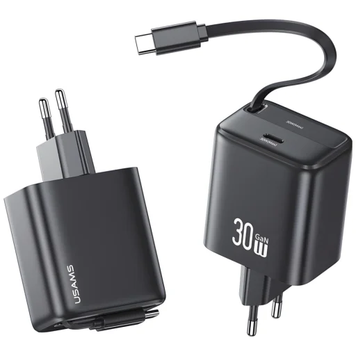 USAMS Töltő 1xUSB-C visszahúzható USB-C Retractable PD+QC 30W GaN Gyors Töltés fekete - 3