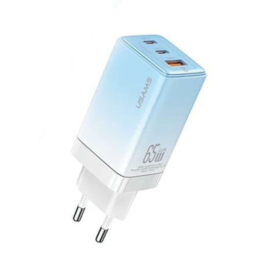 USAMS Hálózati USB-C töltő adapter 2xUSB-C+1xUSB 65W (csak fej) GaN PD3.0 +QC3.0 Gyors töltés kék/átmenetes kék - 1