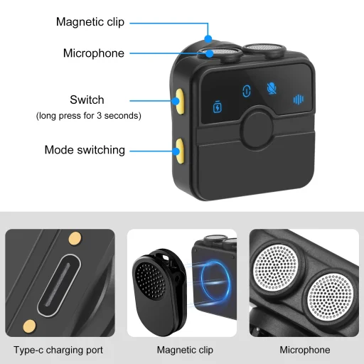 PULUZ SmartLink WS300 mágneses vezeték nélküli csíptetős mikrofon töltőtokkal, Type-C vevőegységgel (RX) és 2 adóval (TX) (fekete) PU3155B - 3