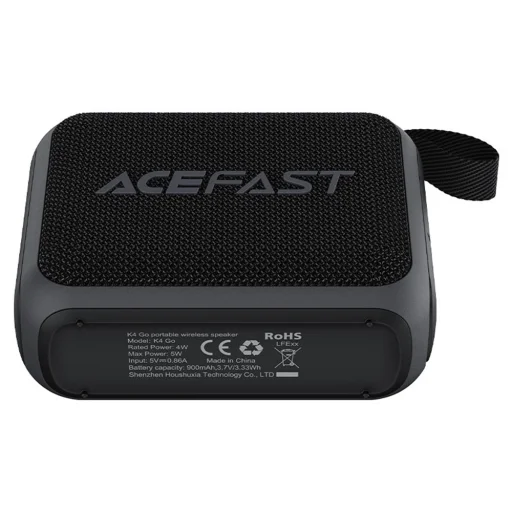 Acefast Vezeték nélküli hangszóró Go (K4) - Bluetooth 5.4, Hordozható, 5W Teljes tartományú hangszóró, Vízálló IPX7, Type-C, 900mAh- Fekete - 4