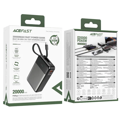 Power Bank Acefast (M21-20000) kábellel, Type-C, 20000mAh, 77Wh, PD65W, kétirányú gyorstöltés, digitális kijelző - Fekete - 5