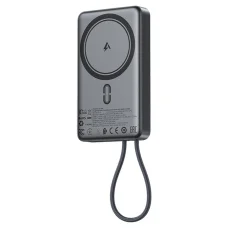 Acefast - M18-10000 Fekete, Mágneses Vezeték nélküli Power Bank - Beépített Kábellel, Type-C, 10000mAh, 38.5Wh, PD20W, LED Fénnyel